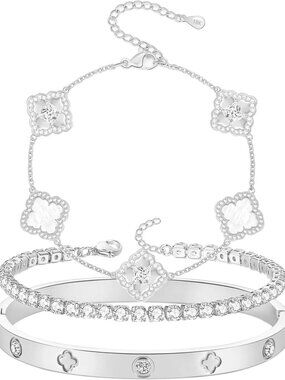 Stacked Silver 4 Leaf Clover Bracelets Set - 18K White Gold Plated for Women